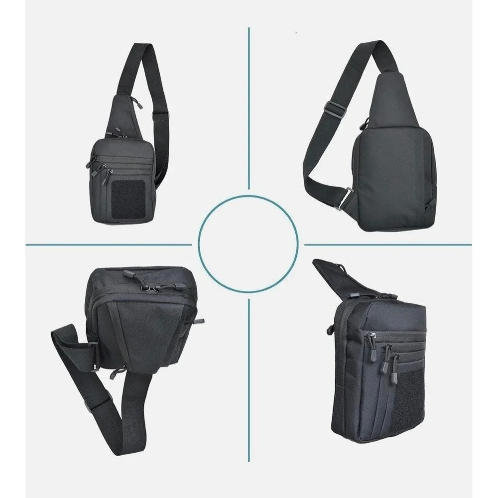 Tactical Sling Bag Black Crossbody Chest Pack with Holster and Patch Panel